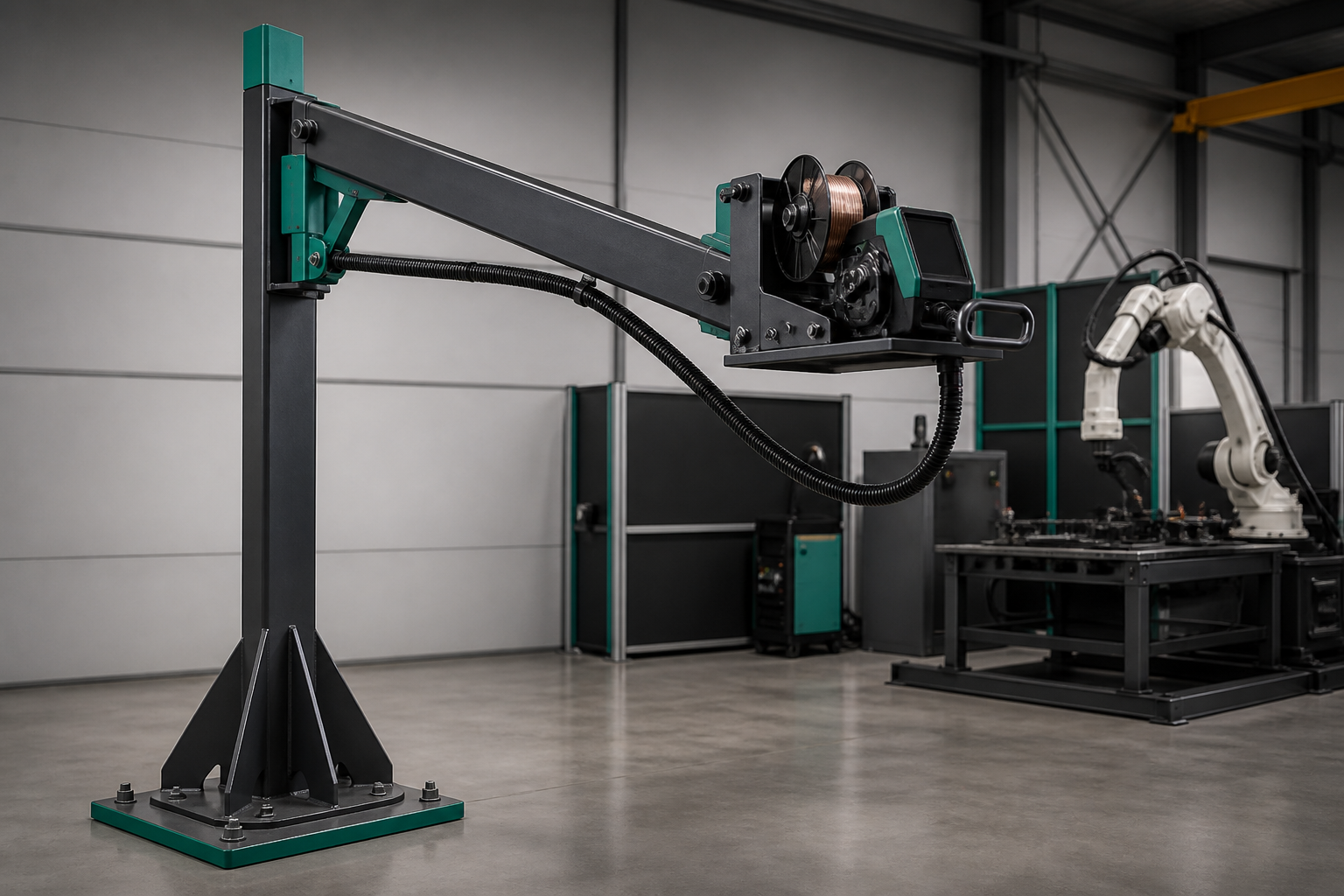 VELAR wire feeder boom for robotic welding cell